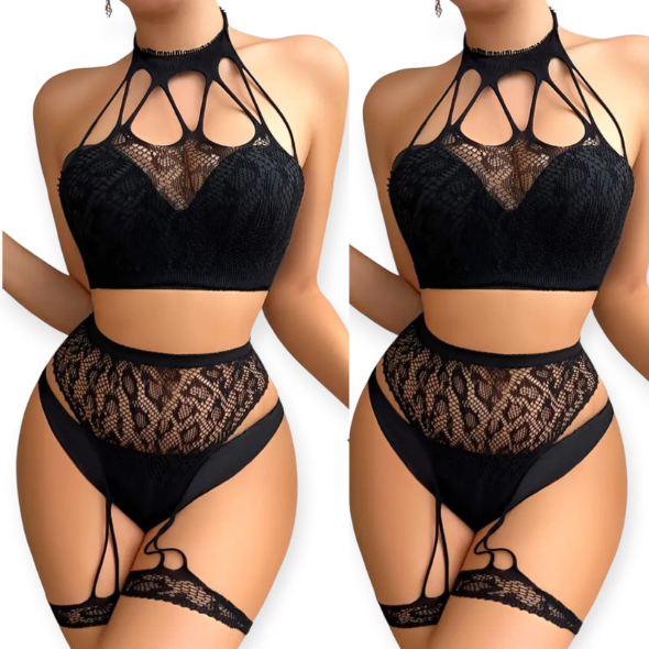 CONJUNTO MALLA TOP+PANTY+LIGAS